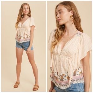 Flutter Sleeve Top with Open Back Floral Paisley Print Hem